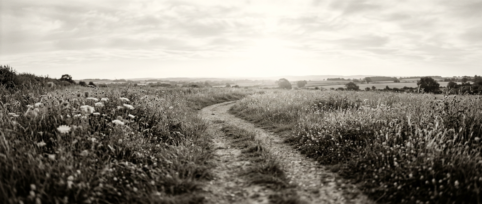 Ein Weg durch eine weite Wildblumenwiese, der sich zum Horizont öffnet
